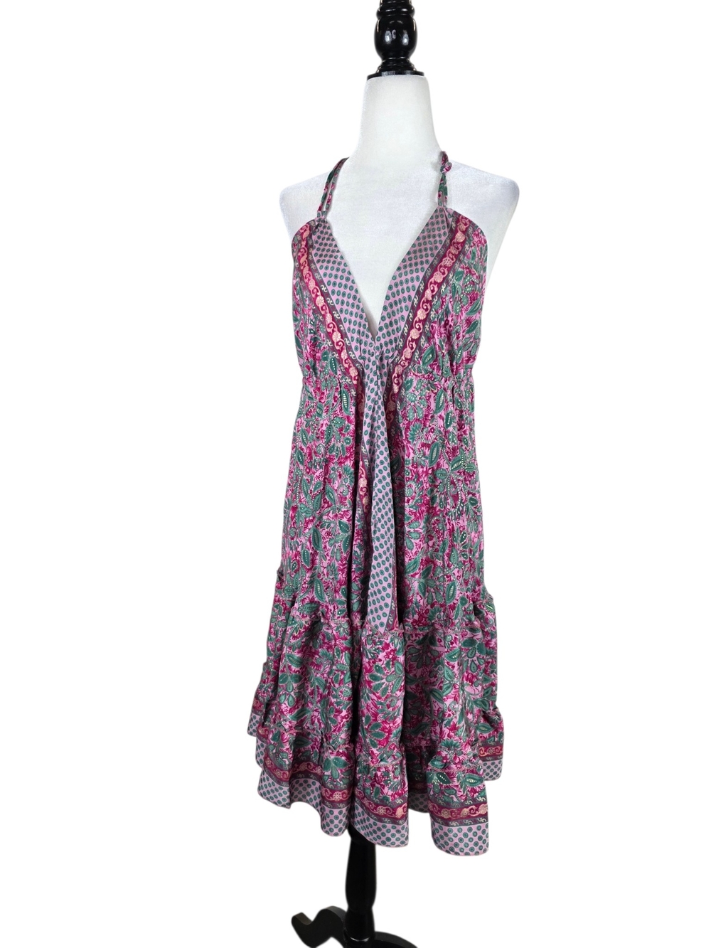Banjara Silk Flowers and vines  Halter Midi Dress in Pink and Green